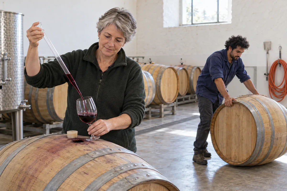 A winemaker drawing a sample of red wine from an oak barrel with a glass tube while a man rolls another barrel across a bright cellar