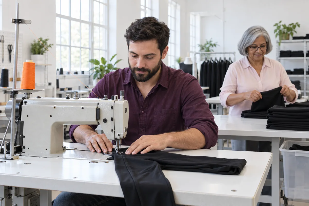 A man sewing black stretch fabric at an industrial sewing machine while a woman folds finished leggings behind him in a bright sewing room