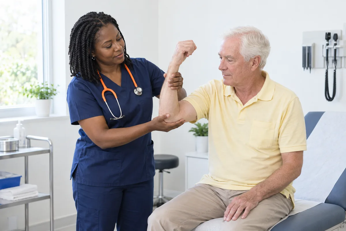 A doctor in navy scrubs gently bending the elbow of an older man seated on an exam couch in a bright medical room