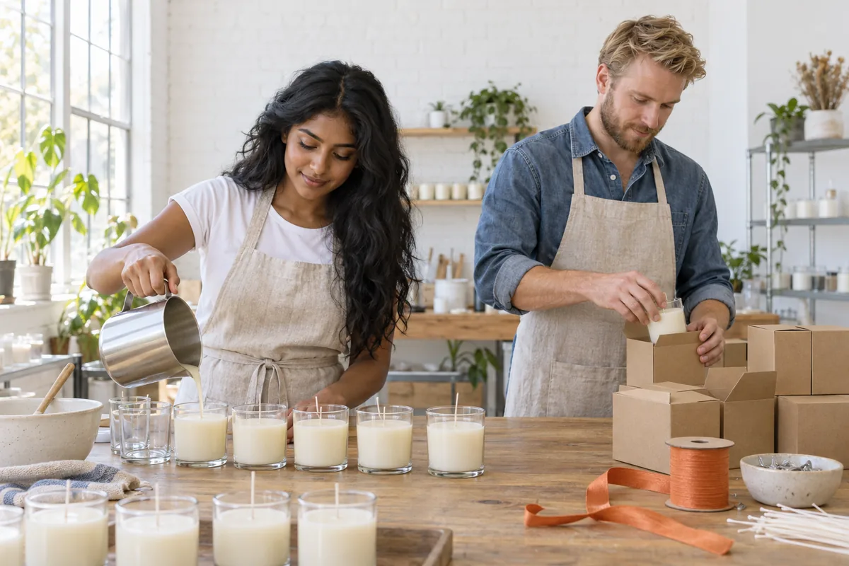 A woman in a linen apron pouring melted wax into plain glass jars while a man places finished candles into kraft boxes in a bright studio