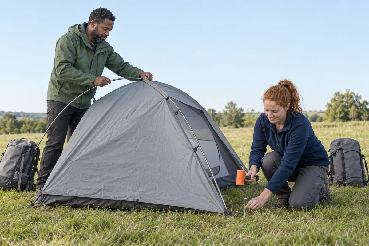 A man threading a pole through a grey dome tent while a woman kneels to tap in a peg with a mallet on a grass field