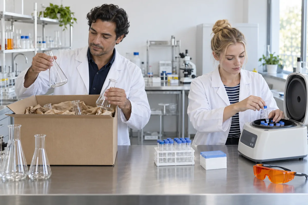 A man in a lab coat unpacking glass flasks from a cardboard box while a woman loads tubes into a benchtop centrifuge in a laboratory