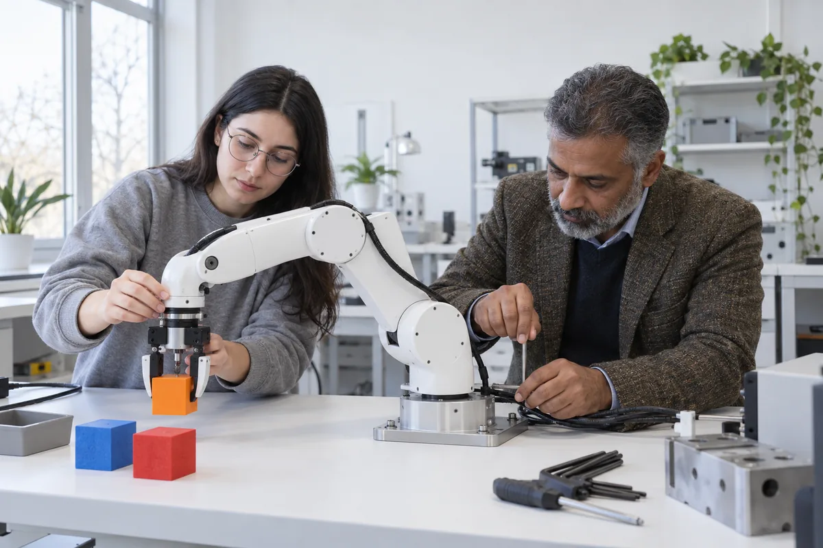A young woman guiding a small white robot arm to grip a block on a bench while an older man tightens its base in a bright research lab