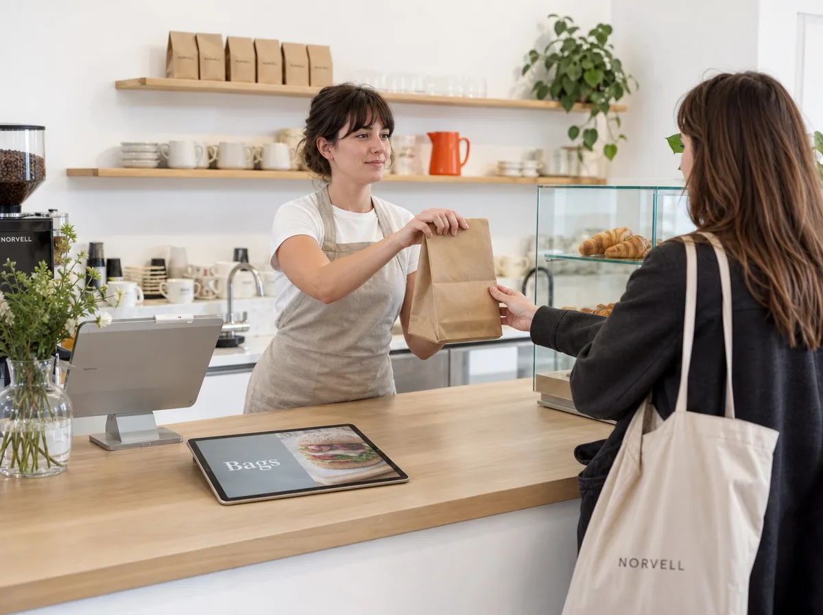 Cafe counter with a member of staff handing a takeaway order to a waiting customer