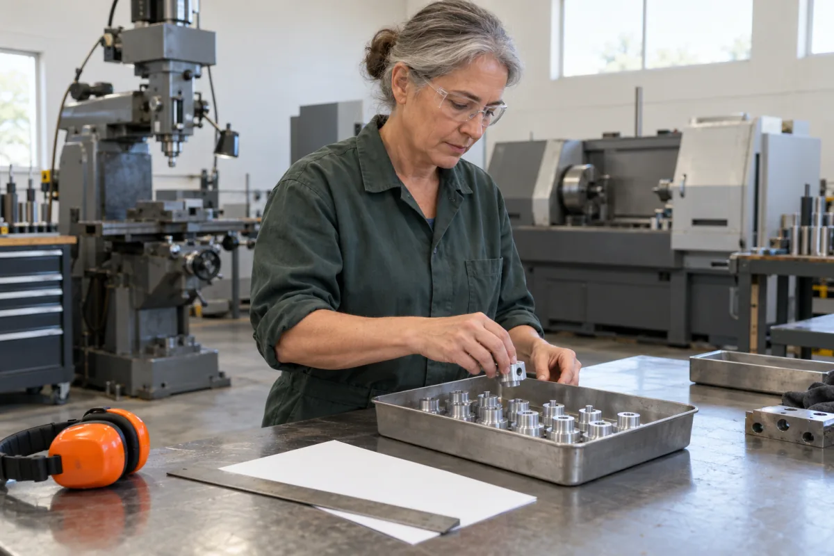 A woman with grey hair and clear safety glasses in a dark green work shirt places a small machined metal part into a steel tray of matching parts on a workbench, with orange ear defenders on the bench and grey machines behind