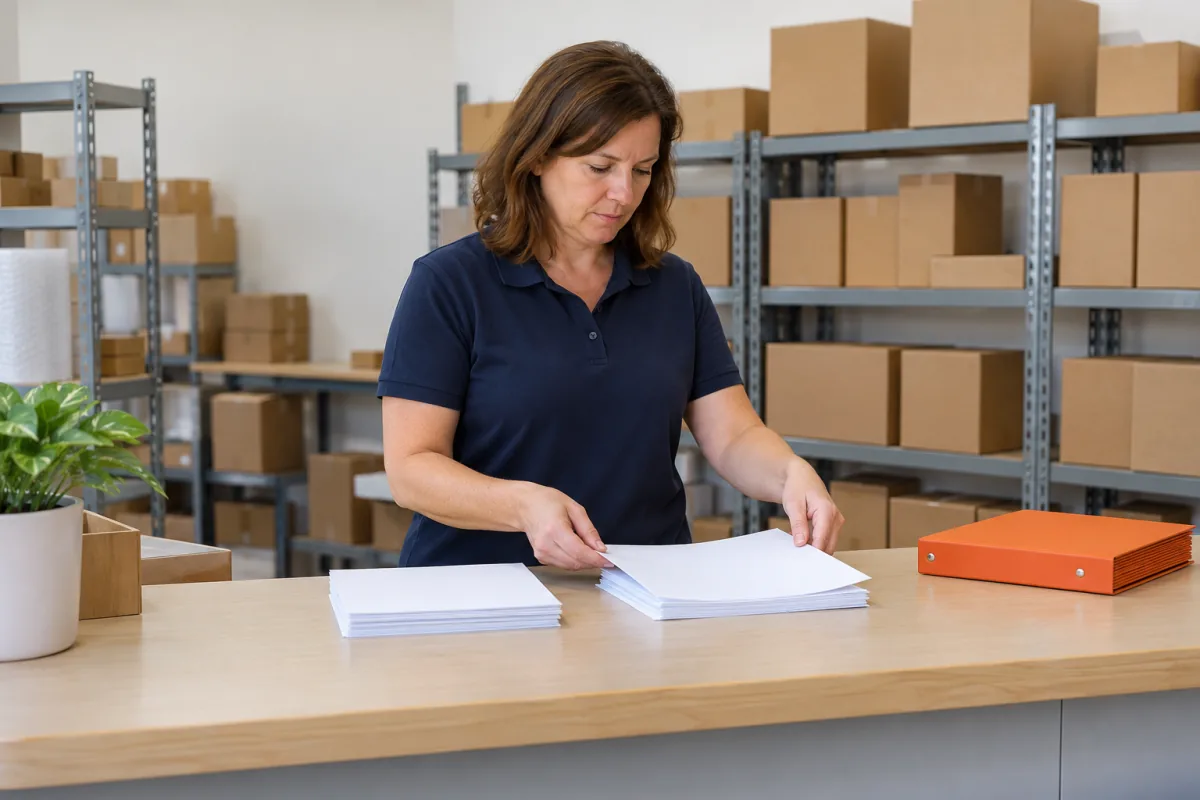 A woman in a navy polo shirt sorts white sheets of paper into two piles on a pale wood counter, with an orange binder beside her and steel shelves of plain brown cartons behind