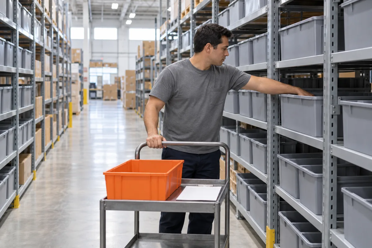 A man in a grey T-shirt pushes a steel cart holding an orange plastic tote and a clipboard along a warehouse aisle and reaches into a grey bin on the shelving