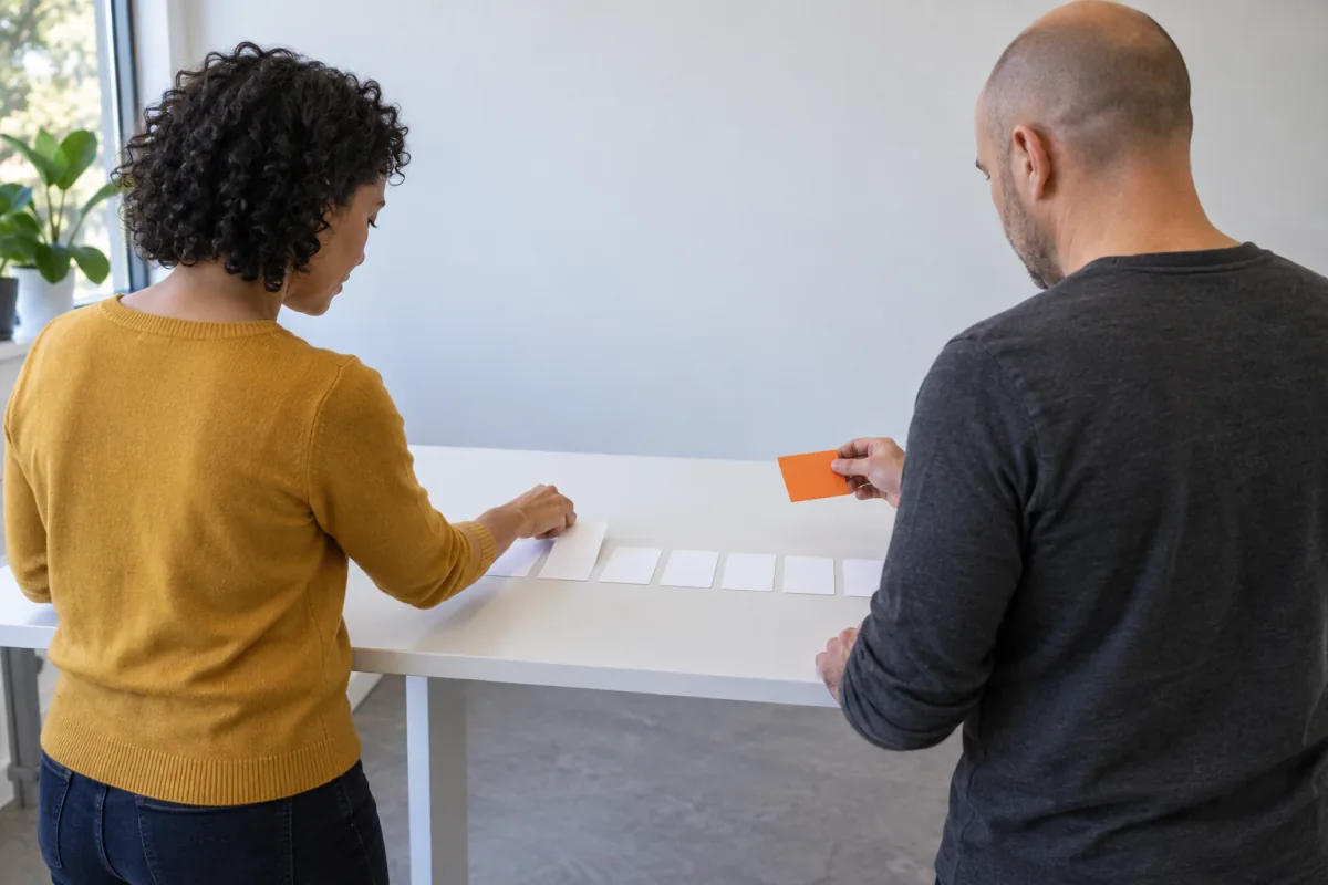 A woman in a mustard sweater and a man in a charcoal shirt, seen from behind, stand at a white table where she lays out a row of white cards and he holds one orange card