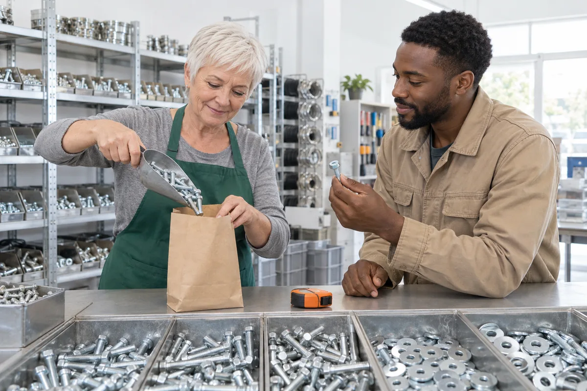 A woman in a green apron pouring steel bolts from a scoop into a paper bag for a man holding a sample bolt at a trade supply counter