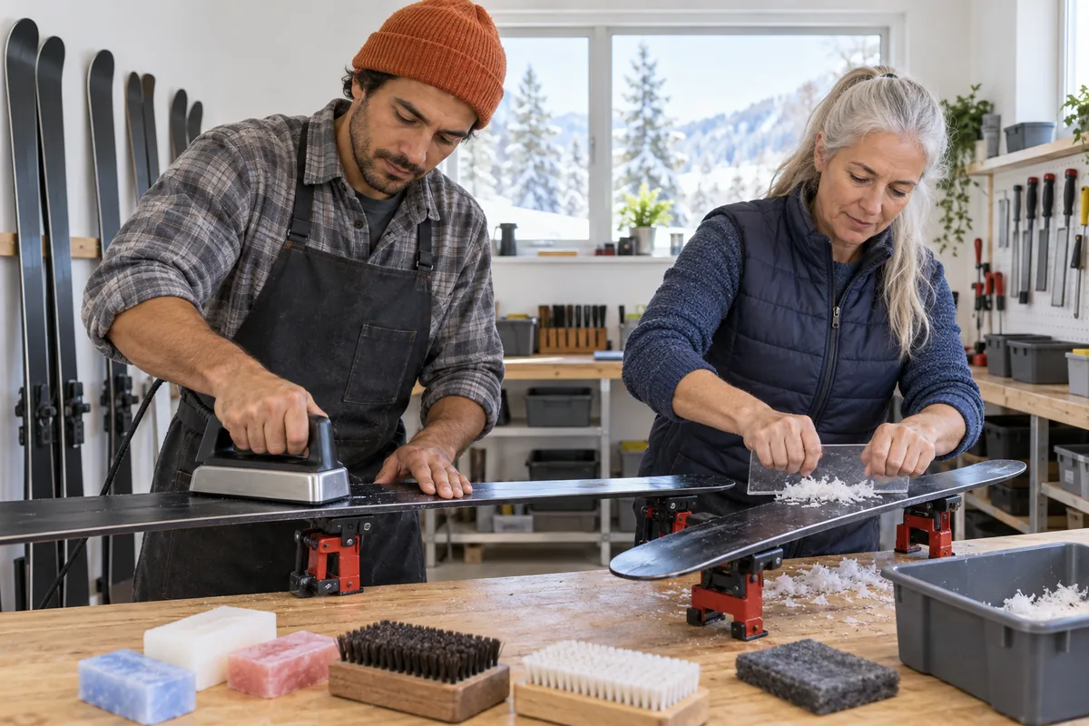 A ski technician in an orange beanie running a waxing iron along a ski on a workbench while a woman scrapes wax from a second ski