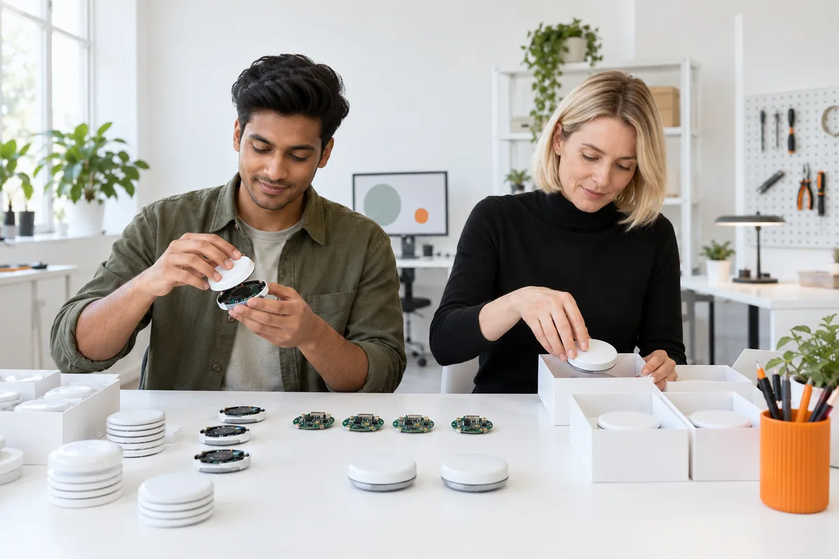 A man fitting a round white shell onto a small device while a woman places finished devices into plain white boxes at a workshop table