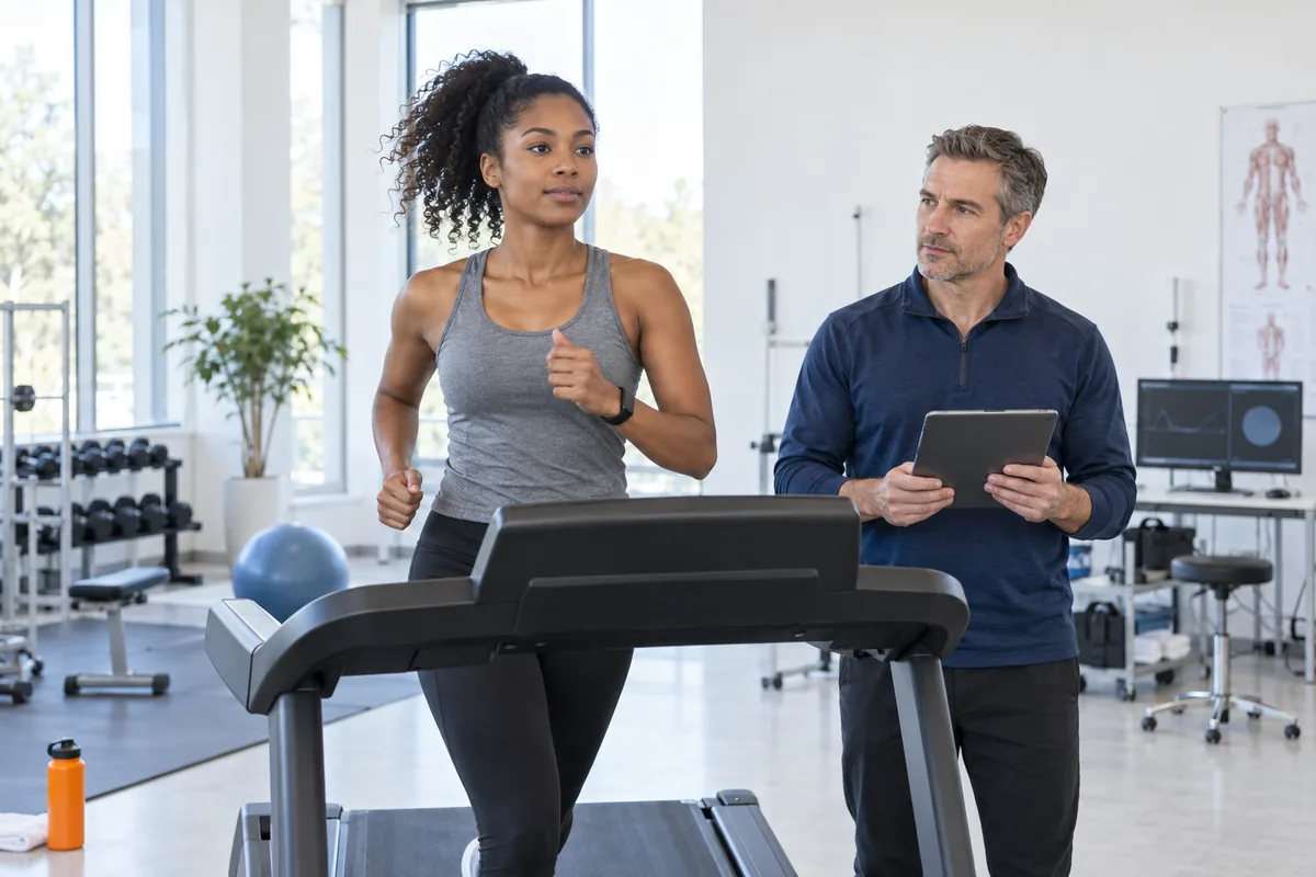 A woman jogging on a treadmill wearing a plain black wristband while a man stands watching with a tablet in a bright test lab