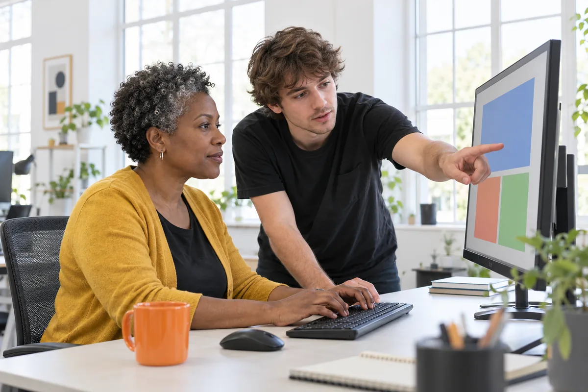 Two software engineers at one desk, a woman typing and a young man pointing at a monitor showing coloured blocks, in a bright office