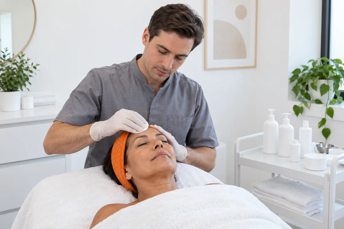 A practitioner in a grey tunic wiping a cotton pad across the forehead of a woman lying on a treatment couch in a bright room