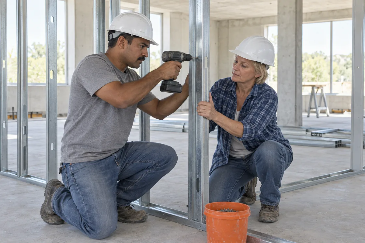 Two builders in white hard hats fixing a metal wall stud with a cordless drill inside a bright unfinished commercial space