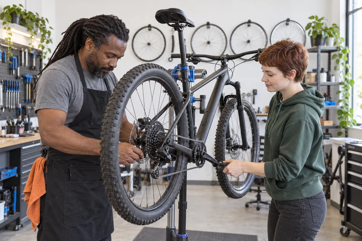 A mechanic in a black apron adjusting the gears of a mountain bike on a repair stand while a woman turns the pedal by hand