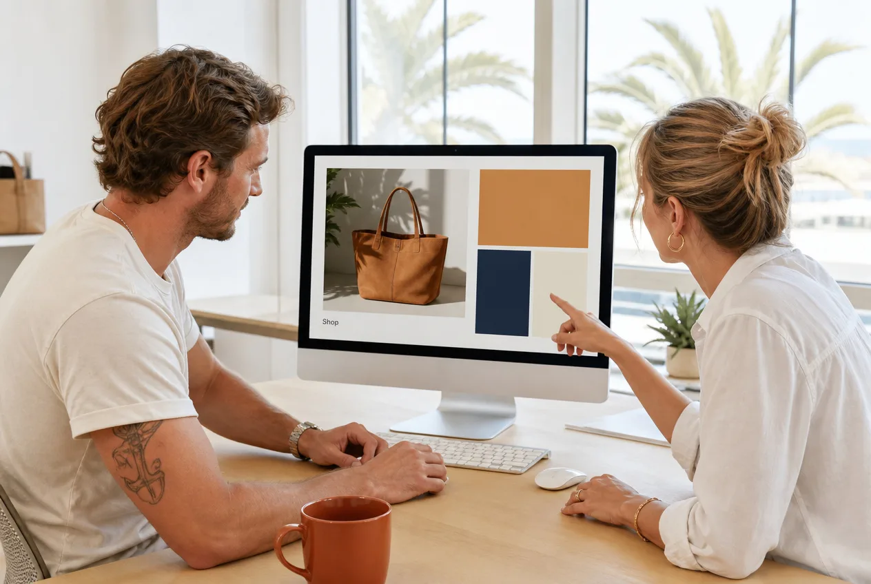 Two designers reviewing a website layout on a large monitor in a bright coastal San Diego studio, palm trees visible through the window behind them