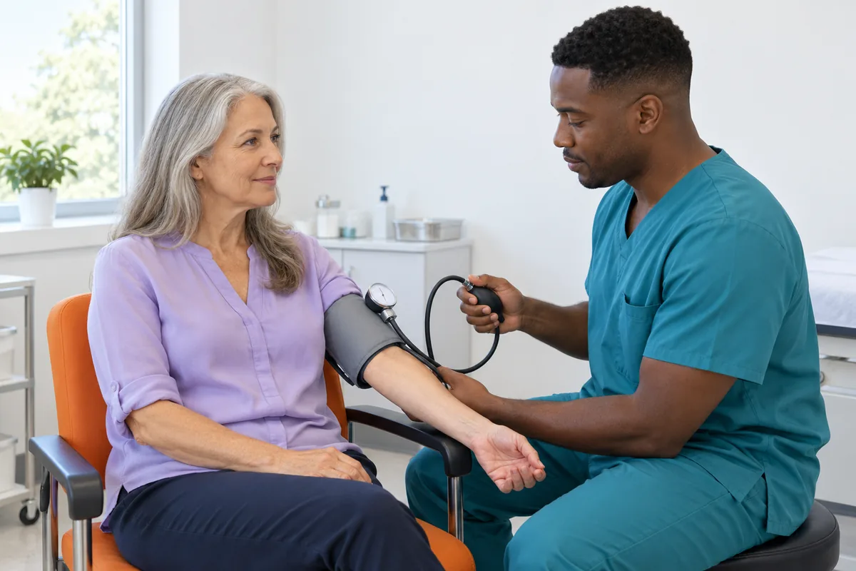 A nurse in teal scrubs squeezing the bulb of a pressure cuff wrapped around the upper arm of a seated woman in a bright clinic room