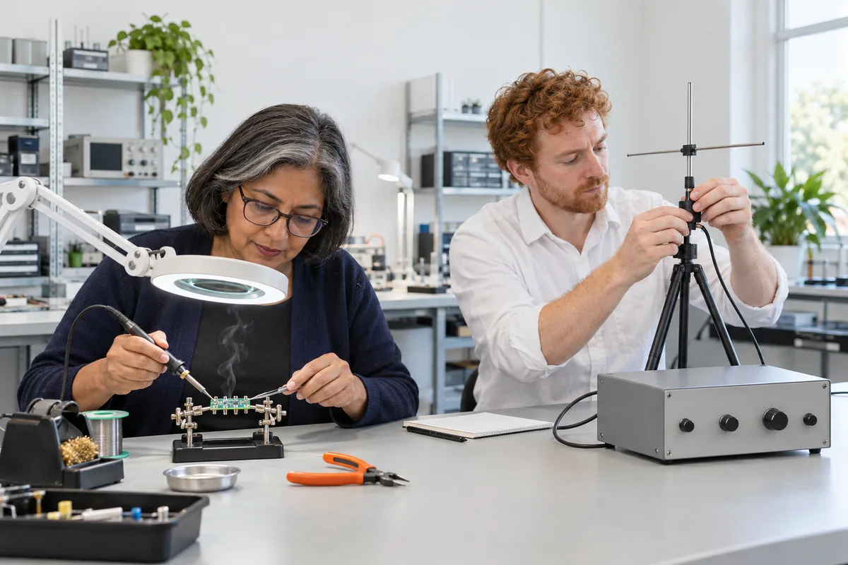 A woman soldering a small circuit board under a magnifier lamp while a man adjusts a small antenna on a tripod in an electronics lab