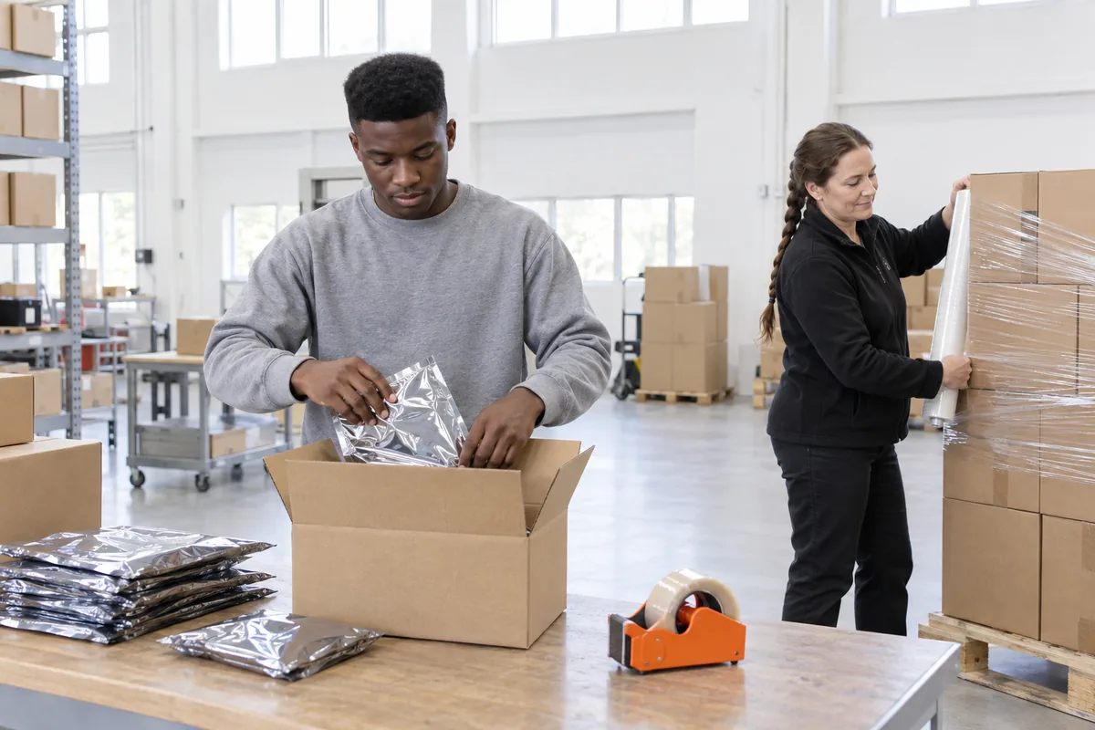 A man packing silver anti-static bags into a cardboard box while a woman wraps stretch film around a pallet of boxes in a warehouse