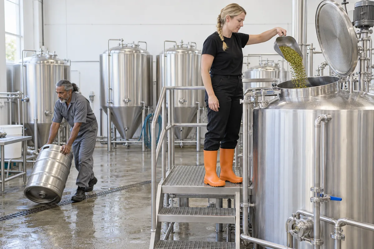 A brewer in orange rubber boots tipping hops from a scoop into a steel brew kettle while a man rolls a keg across the brewery floor