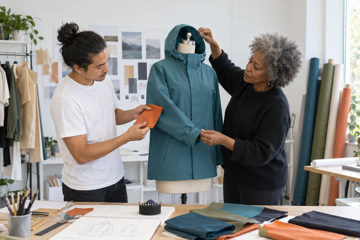 A designer adjusting the hood of a teal waterproof jacket on a dress form while a man holds a fabric swatch against the sleeve