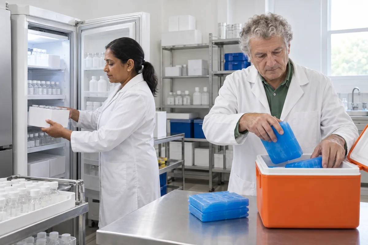 A woman in a lab coat taking a box of vials from a laboratory fridge while a man lays gel packs into a small orange cooler