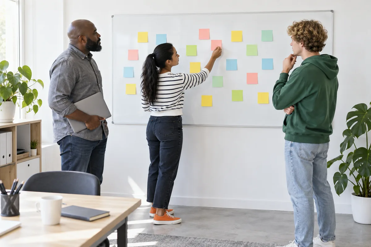 Three software engineers standing at a wall board of blank coloured paper squares, one woman moving a square, in a bright office