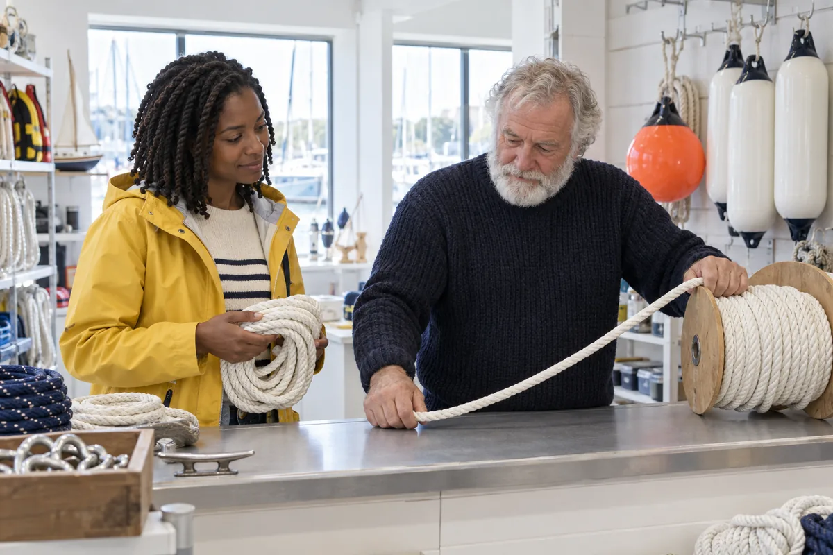 A man in a navy sweater pulling thick white rope from a large spool for a woman in a yellow rain jacket in a marine supply store