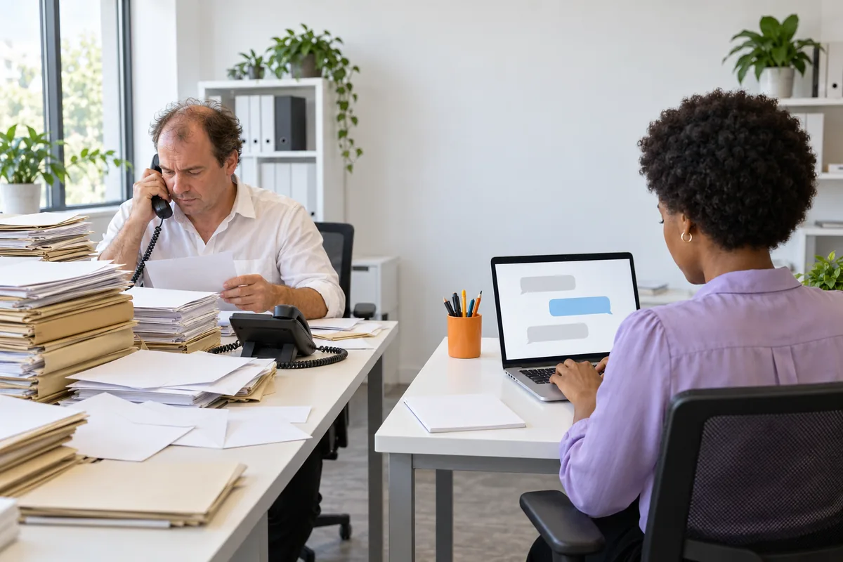 Two desks side by side, one heaped with paper where a man takes a phone call, one clear where a woman works at a laptop