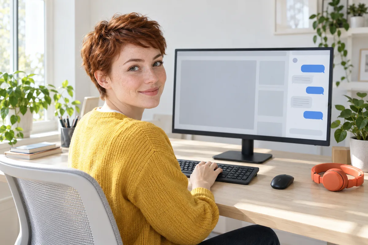 A woman at a desk turning from a wide monitor that shows an app window with a side panel of chat bubbles