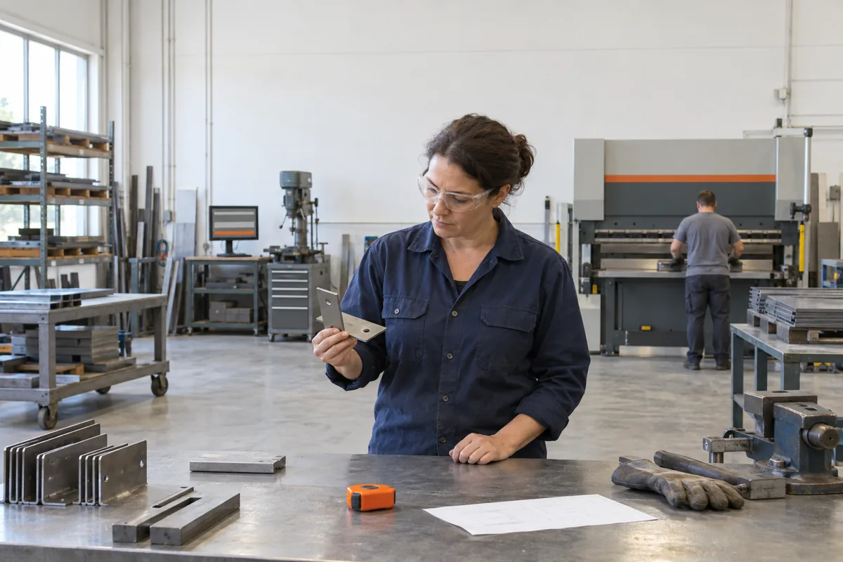 A woman in a navy work shirt and safety glasses holds a steel bracket at a workbench in a bright metal workshop, with an orange tape measure on the bench