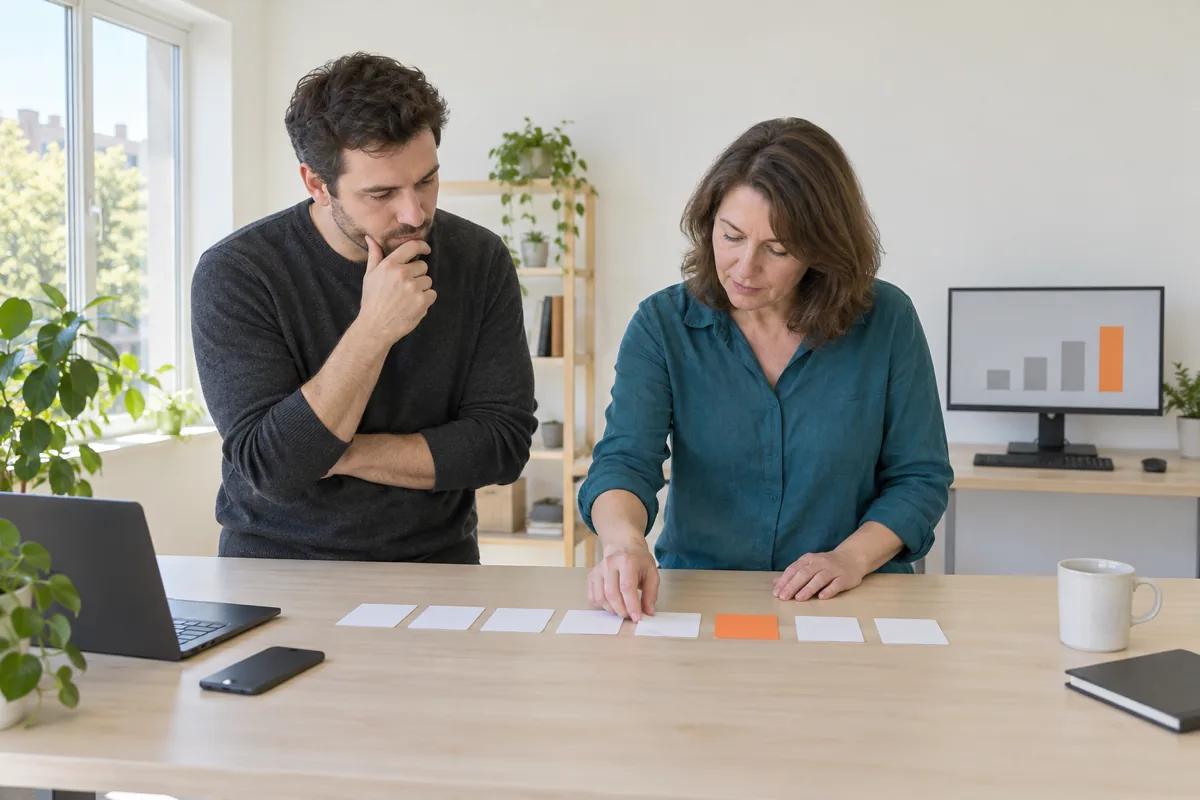 A man in a charcoal sweater and a woman in a teal shirt look down at a row of blank index cards on a table, one of them orange