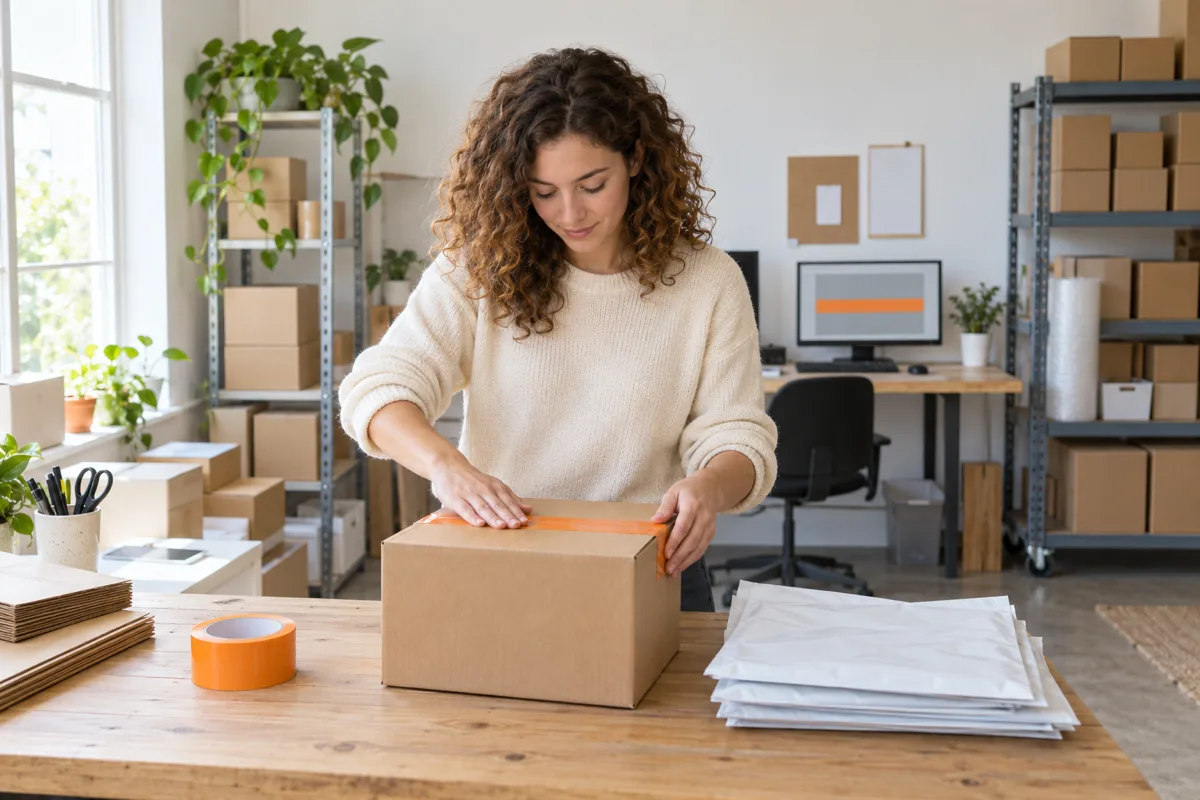 A woman in a cream sweater tapes a plain cardboard box at a packing table with a roll of orange tape beside her