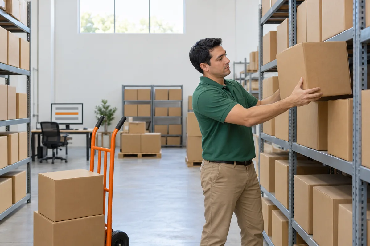 A man in a green polo shirt lifts a plain cardboard box from a shelf in a warehouse aisle beside an orange hand truck