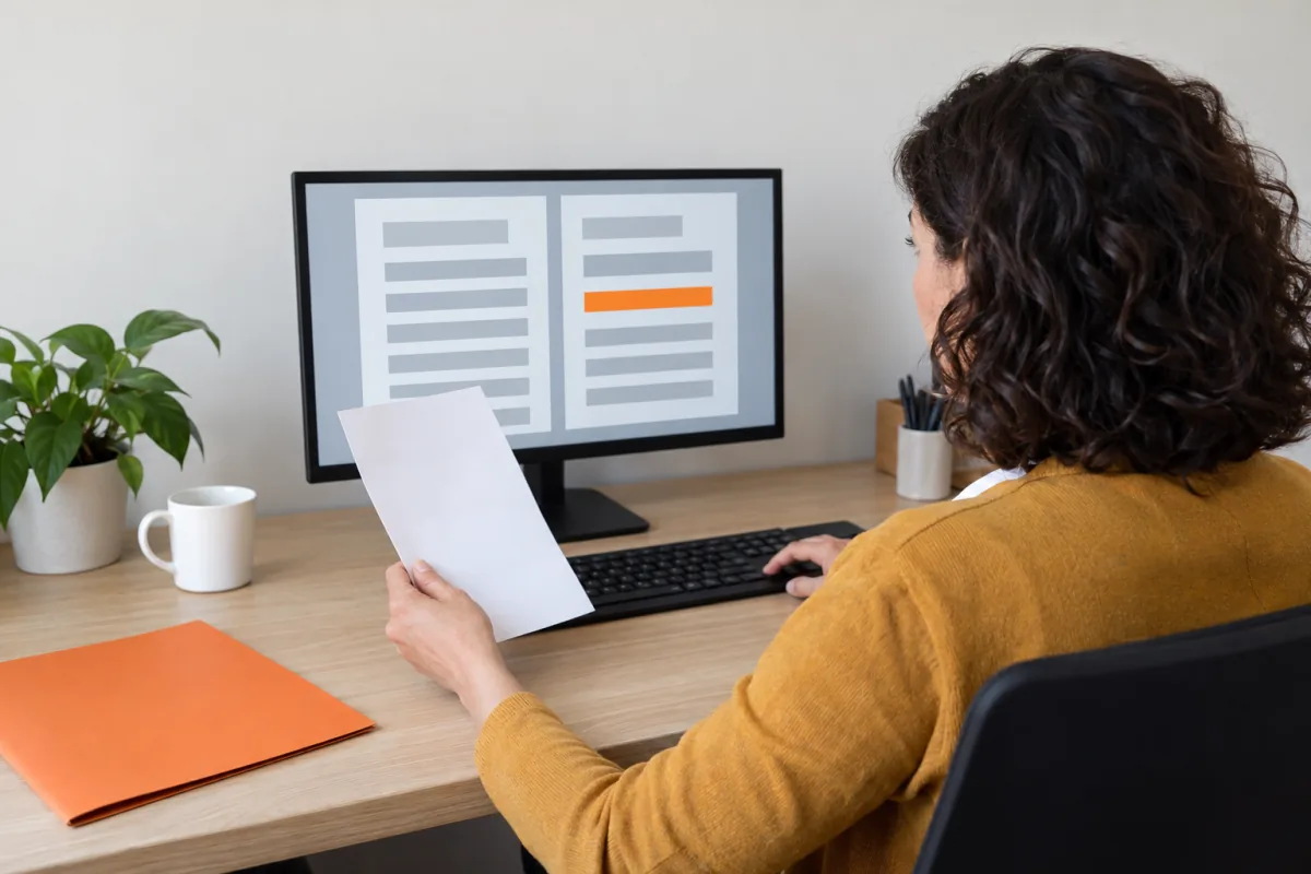 A woman in a mustard cardigan sits at a desk holding a sheet of paper and looks at a monitor showing two columns of grey bars with one orange bar, beside an orange folder