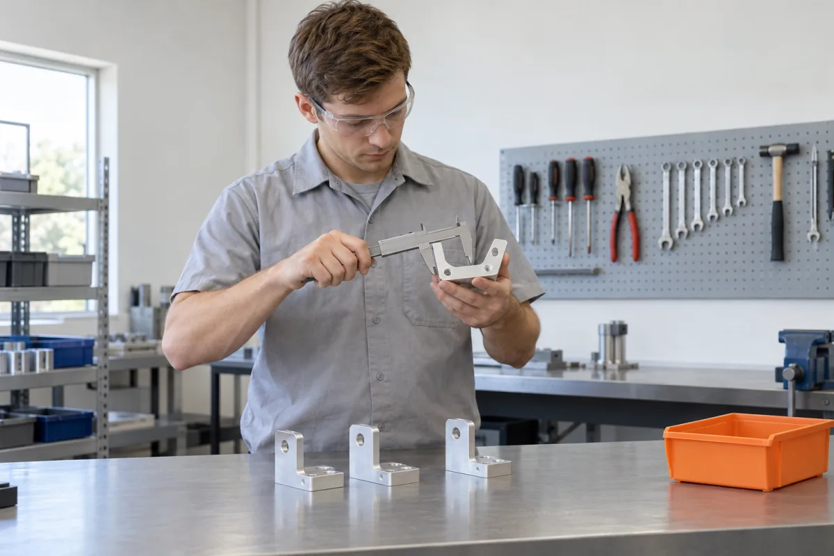 A man in safety glasses and a grey work shirt measures an aluminum bracket with a caliper at a steel workbench, with three more brackets and an orange parts tray in front of him