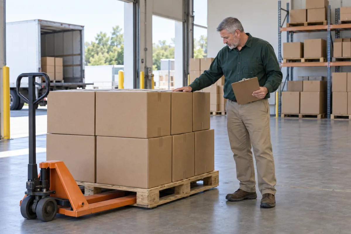 A man in a dark green work shirt rests one hand on a pallet of plain cardboard cartons and holds a clipboard at a warehouse receiving bay, next to an orange pallet jack