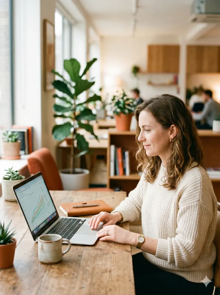 Marketer reviewing organic search and AI traffic growth on a laptop in a US office