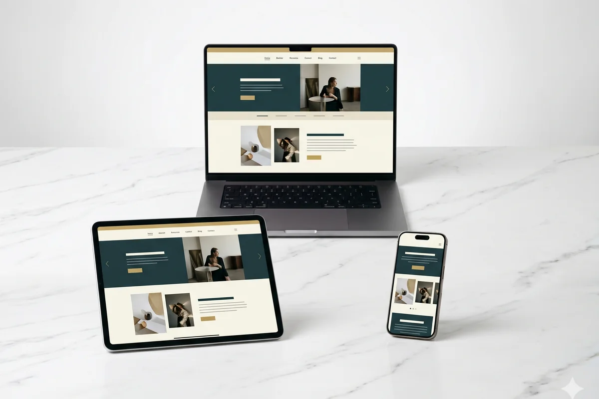 The same storefront shown responsively on a laptop, a tablet, and a phone side by side on a desk, demonstrating consistent design across devices