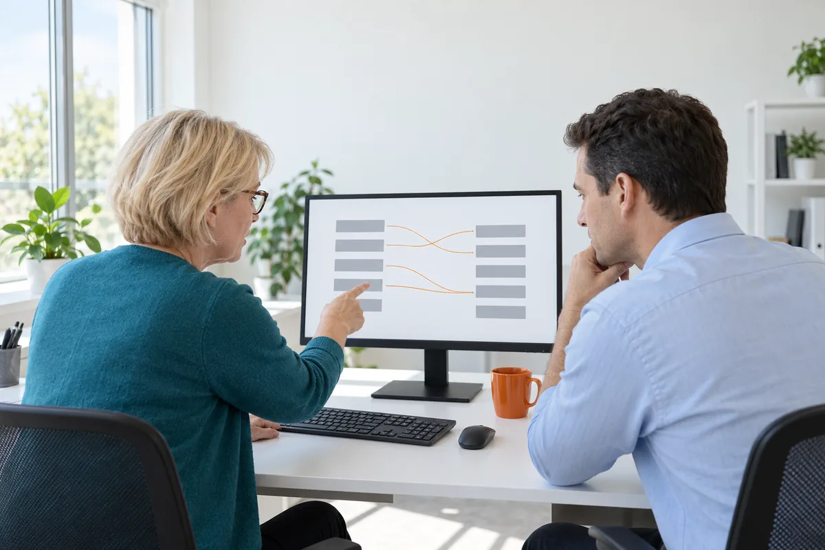 Two people at a desk look at a monitor showing two columns of grey bars joined by orange lines