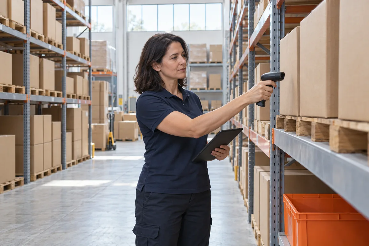 A woman in a navy work shirt points a handheld scanner at plain cardboard boxes on a warehouse shelf