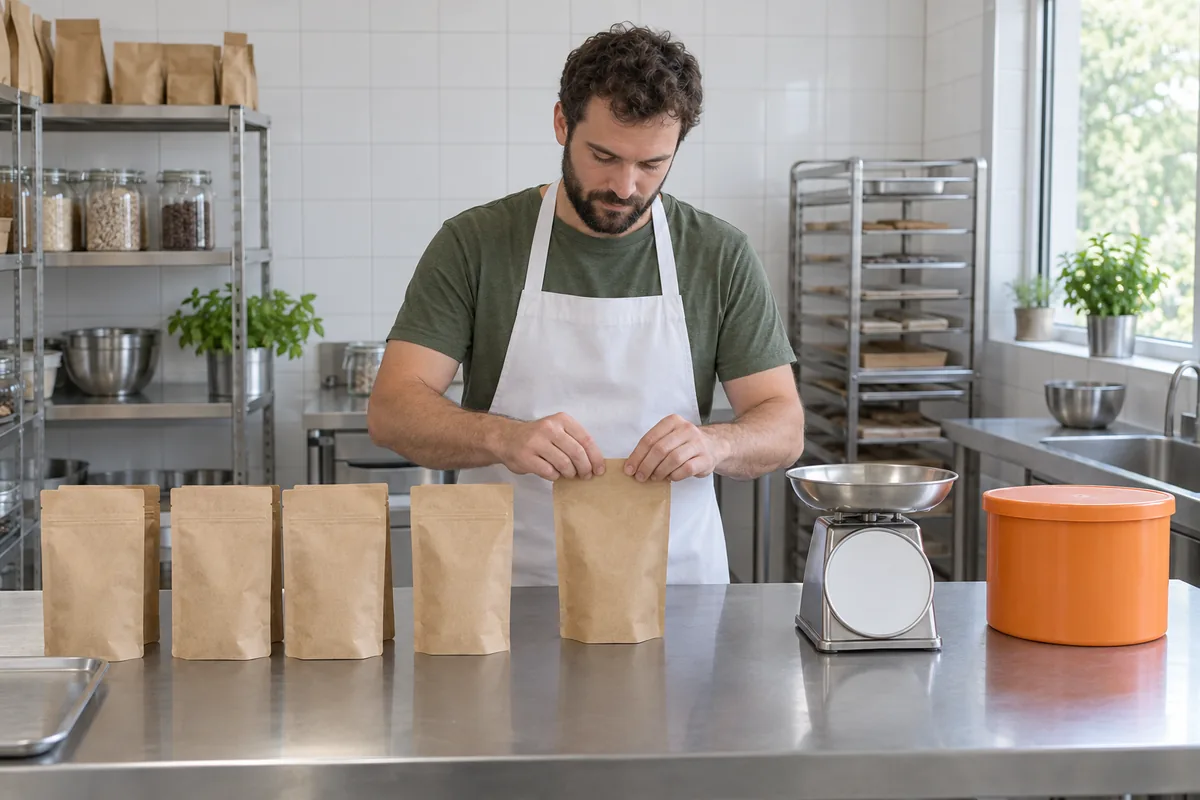 A man in a white apron seals a plain brown pouch on a steel table beside a row of pouches and a kitchen scale