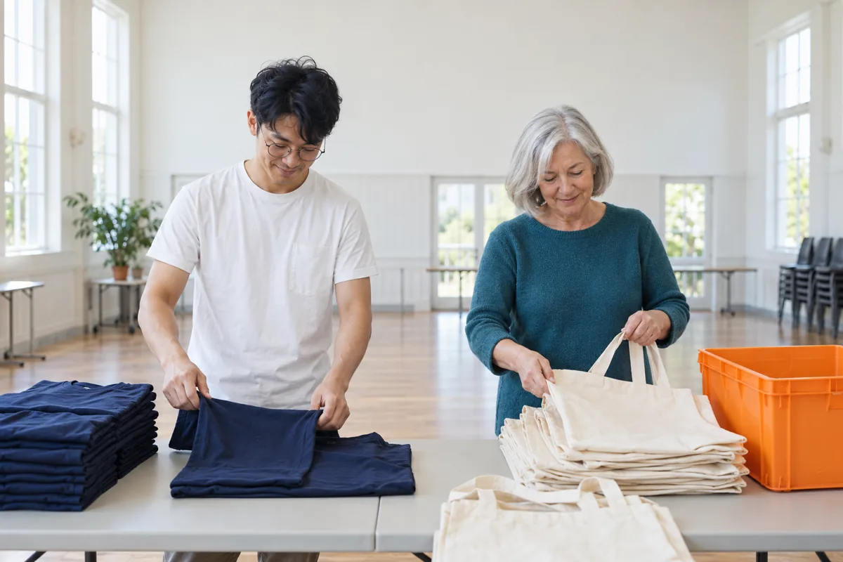 A man in a white t-shirt folds a navy t-shirt beside a woman in a teal sweater stacking cream tote bags at a table in a community hall