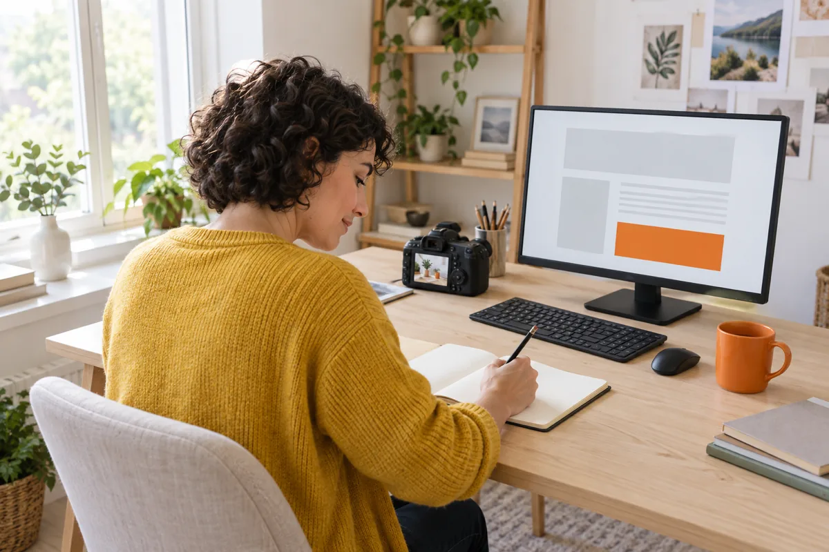 A woman in a mustard cardigan writes in a notebook at a desk with a camera, an orange mug and a monitor showing grey blocks and one orange block