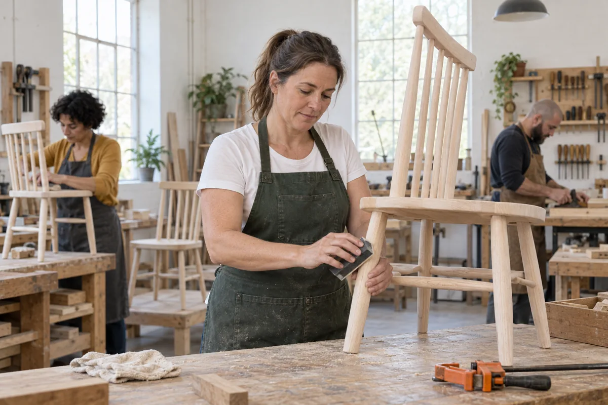 A woman in a green apron sands the leg of an unfinished wooden chair in a workshop while two people work at benches behind her