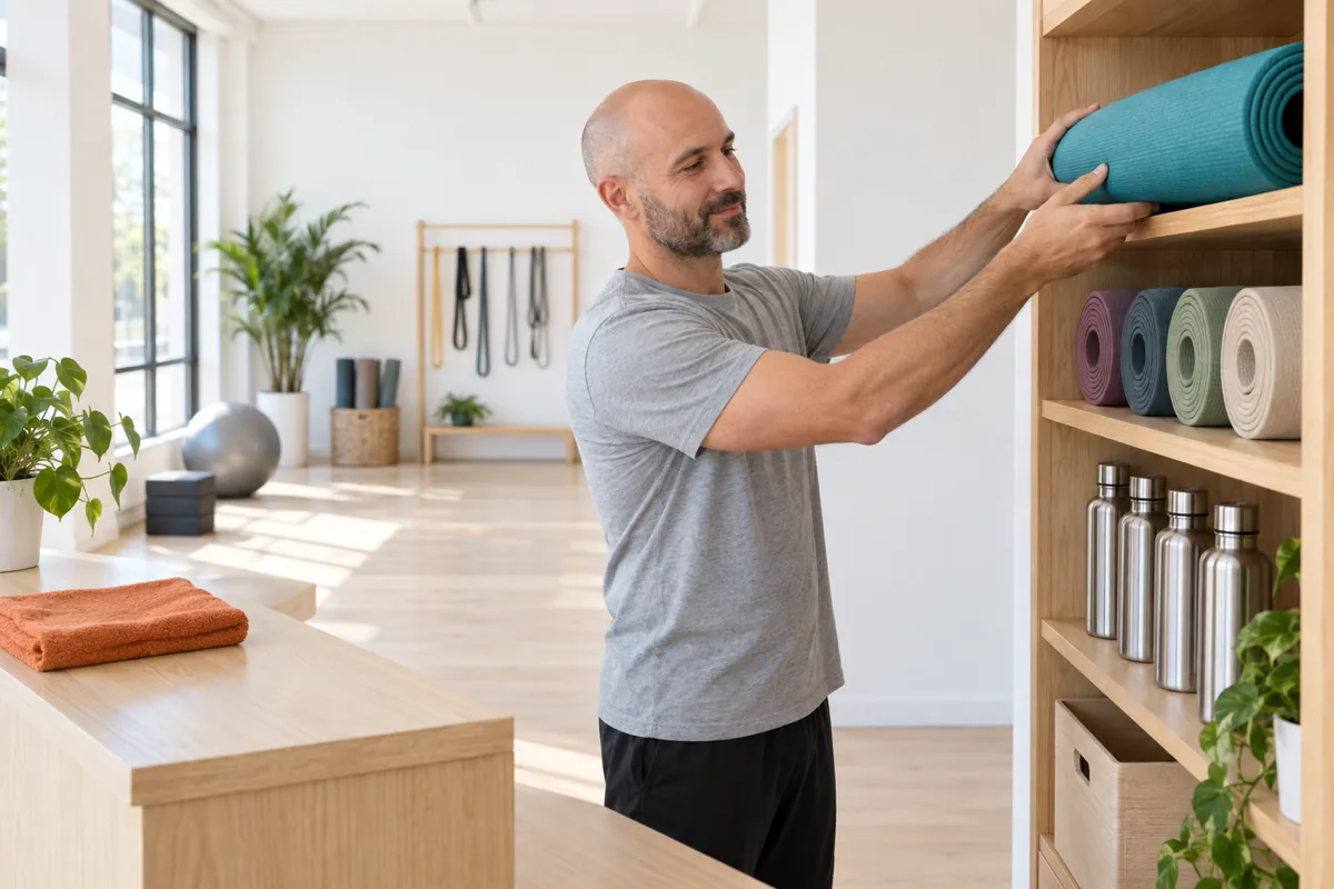 A man in a grey t-shirt places a rolled teal exercise mat on a wooden shelf above a row of plain steel water bottles