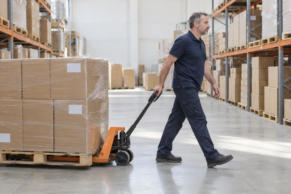 A man in a navy polo shirt pulls an orange pallet truck loaded with wrapped brown boxes down a warehouse aisle