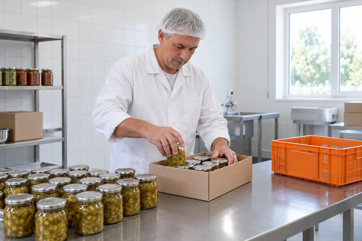 A man in a white coat and hair net places unlabeled glass jars into a cardboard tray on a steel table
