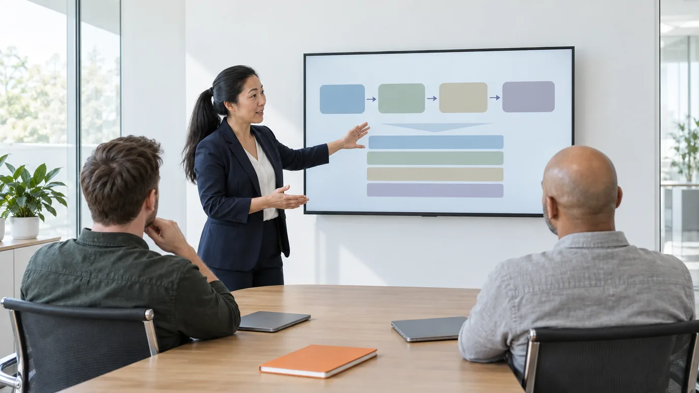 A woman in a navy blazer gesturing at a wall screen with a diagram of joined rectangles while two colleagues watch from the table